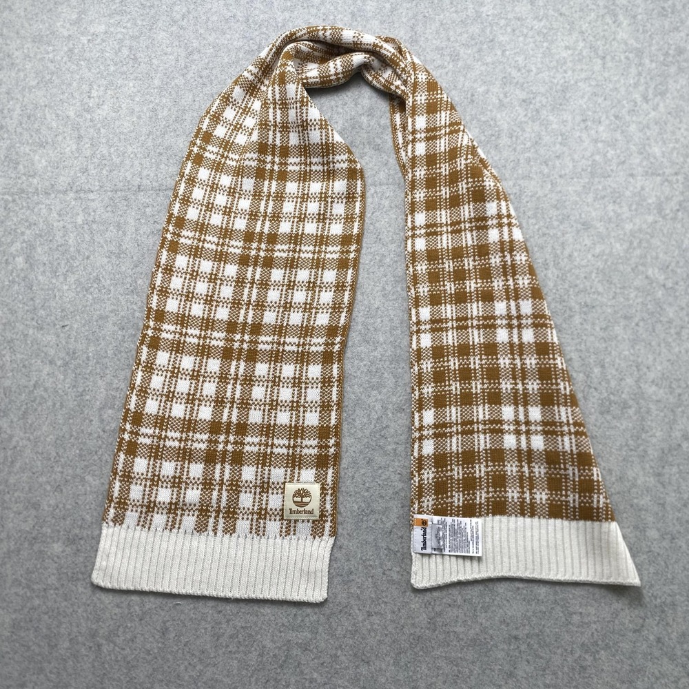 Timberland Scarf Mens One Size Brown White Plaid Acrylic Knit Logo Winter
